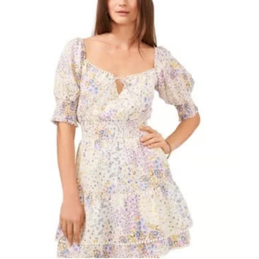 1.State Women's Ivory/Floral Print Puff Sleeve Cotton Mini Dress - X Large